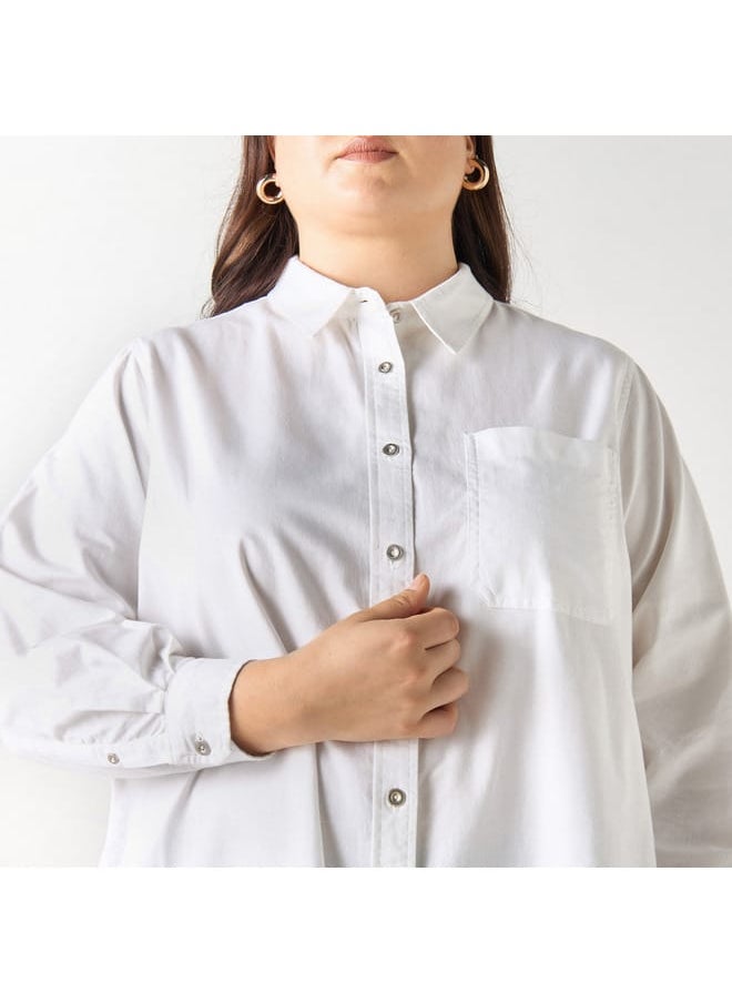 Ulla Popken - Plus Size Ulla Popken Solid High Low Shirt with Long Sleeves and Pocket - Image 1