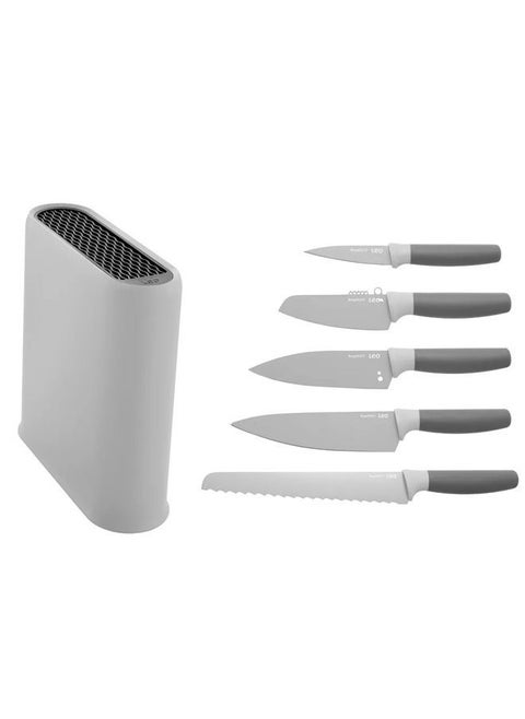6-Piece Knife Block Leo -1 X Paring Knife 8.50 - 1 X Vegetable Knife 11-1 X Small Chef'S Knife 14 -1 X Chef'S Knife 19 - 1 X Bread Knife 21.50 -1 X Knife Block 23 cm