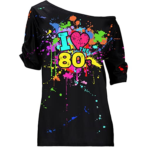 Coume 80s Costume Outfit for Woman Love Off The Shoulder T Shirts Novelty Neon Top Clothes for Costume Mid Sleeve Length(5XL) - Image 1