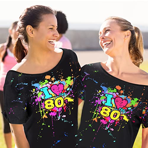 Coume 80s Costume Outfit for Woman Love Off The Shoulder T Shirts Novelty Neon Top Clothes for Costume Mid Sleeve Length(5XL) - Image 4