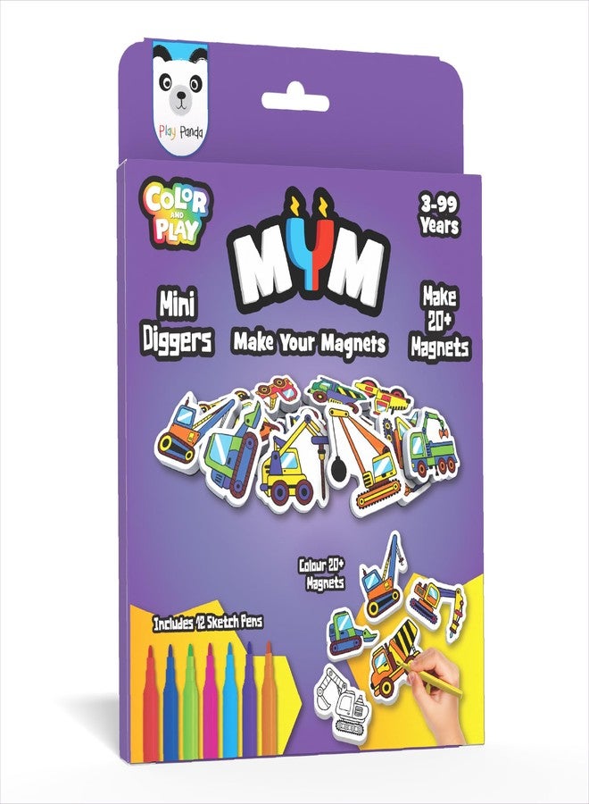 Play Panda MYM Colour & Play Mini Diggers Craft Kit for Kids, Make 20+ Fridge Magnets - Image 1