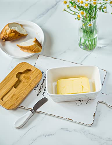 wtisan Butter Dish with Lid, Large Butter Dish for Countertop, Ceramic Butter Container with Knife Double Silicone Seal Unique Stone Butter Dishes with Covers for Farmhouse Kitchen Decor Home Decor White - Image 5
