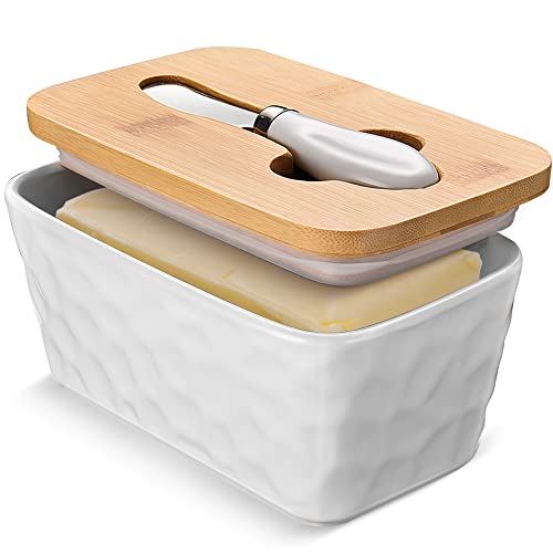 wtisan Butter Dish with Lid, Large Butter Dish for Countertop, Ceramic Butter Container with Knife Double Silicone Seal Unique Stone Butter Dishes with Covers for Farmhouse Kitchen Decor Home Decor White - Image 1
