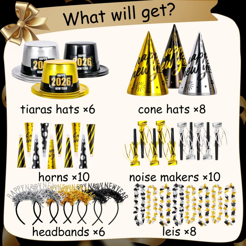 Atonofun 2026 New Years Eve Party Supplies for 20 Guests, 48 Pcs New Year Eve Party Hats and Horns, Headband, Tattoos, Blowouts, Leis 2026 New Year Party Favors - Image 2