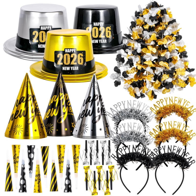 Atonofun 2026 New Years Eve Party Supplies for 20 Guests, 48 Pcs New Year Eve Party Hats and Horns, Headband, Tattoos, Blowouts, Leis 2026 New Year Party Favors - Image 1