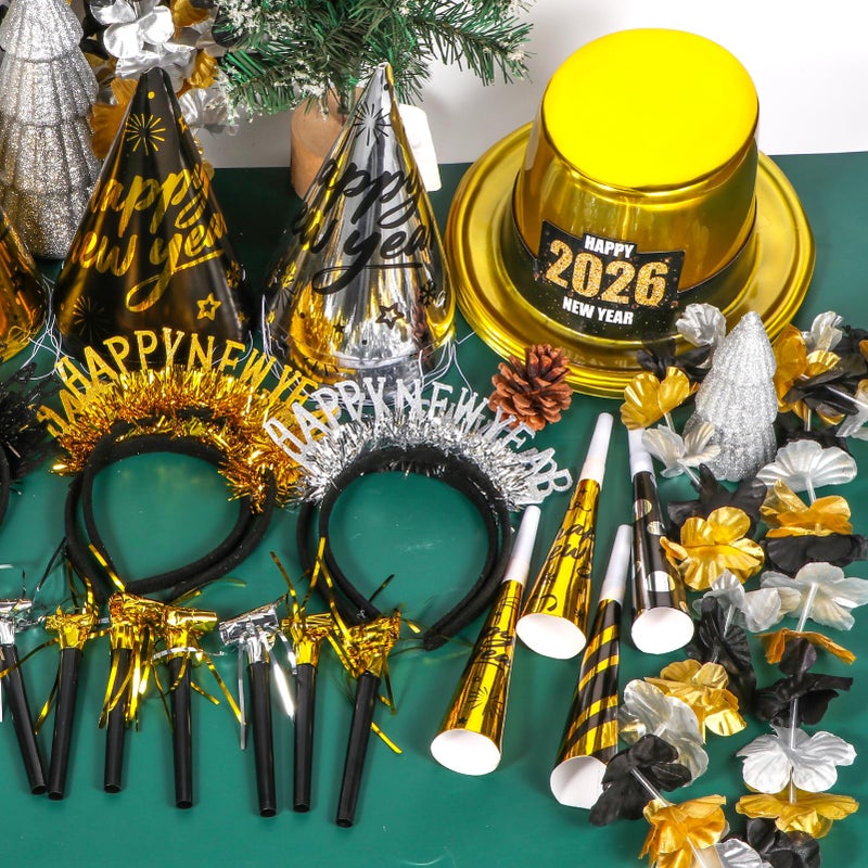 Atonofun 2026 New Years Eve Party Supplies for 20 Guests, 48 Pcs New Year Eve Party Hats and Horns, Headband, Tattoos, Blowouts, Leis 2026 New Year Party Favors - Image 4