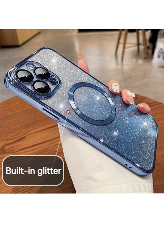 Magnetic Glitter Case for iPhone 16 Pro Max with Camera Lens Protector, MagSafe Compatibility, Luxury Plating, Cute Bling Sparkly Clear Slim Shockproof Phone Cover for Women and Girls，Blue - Image 3