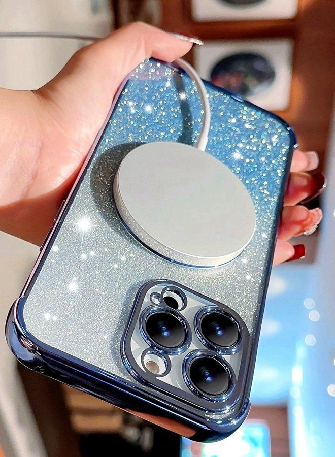 Magnetic Glitter Case for iPhone 16 Pro Max with Camera Lens Protector, MagSafe Compatibility, Luxury Plating, Cute Bling Sparkly Clear Slim Shockproof Phone Cover for Women and Girls，Blue - Image 4