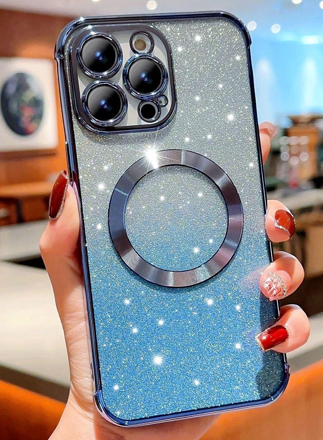 Magnetic Glitter Case for iPhone 16 Pro Max with Camera Lens Protector, MagSafe Compatibility, Luxury Plating, Cute Bling Sparkly Clear Slim Shockproof Phone Cover for Women and Girls，Blue - Image 1