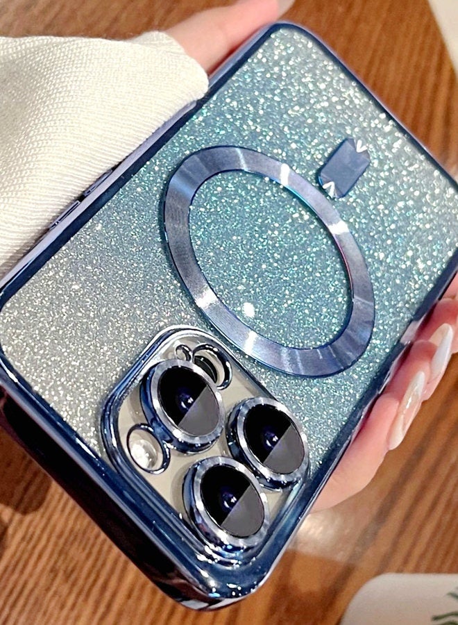 Magnetic Glitter Case for iPhone 16 Pro Max with Camera Lens Protector, MagSafe Compatibility, Luxury Plating, Cute Bling Sparkly Clear Slim Shockproof Phone Cover for Women and Girls，Blue - Image 2