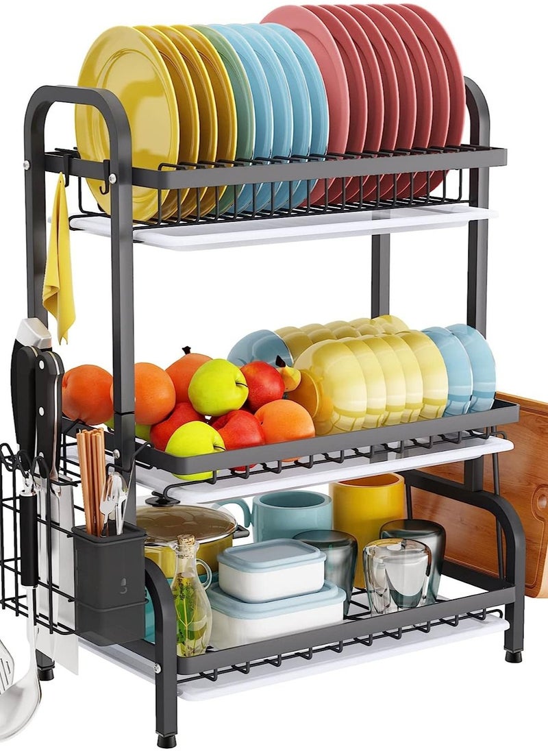 CityRiya-Long Dish Drying Rack 3 Tier Dish Rack with Tray Utensil Holder Large Capacity Dish Drainer with Cutting Board Holder Drain Board Tray for Kitchen Counter Organizer Storage Black  - Image 1