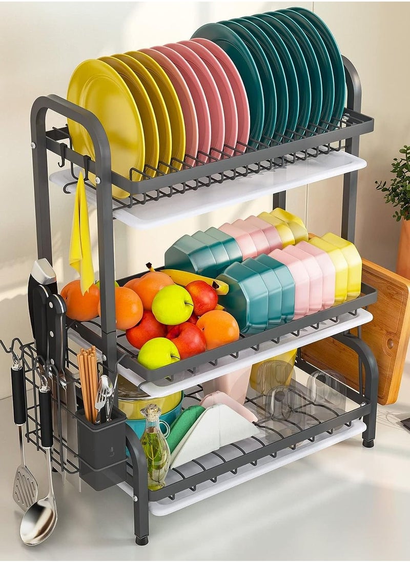 CityRiya-Long Dish Drying Rack 3 Tier Dish Rack with Tray Utensil Holder Large Capacity Dish Drainer with Cutting Board Holder Drain Board Tray for Kitchen Counter Organizer Storage Black  - Image 4