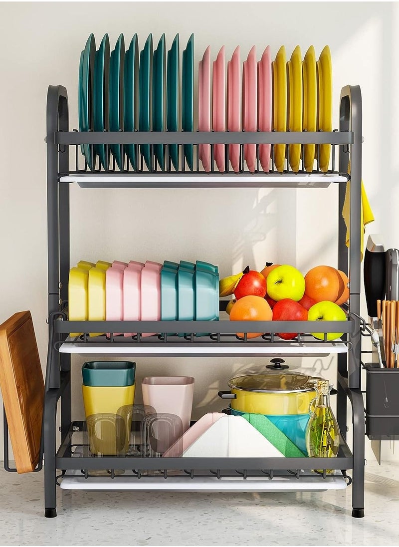 CityRiya-Long Dish Drying Rack 3 Tier Dish Rack with Tray Utensil Holder Large Capacity Dish Drainer with Cutting Board Holder Drain Board Tray for Kitchen Counter Organizer Storage Black  - Image 2