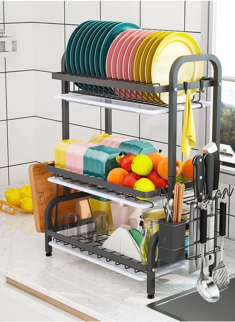 CityRiya-Long Dish Drying Rack 3 Tier Dish Rack with Tray Utensil Holder Large Capacity Dish Drainer with Cutting Board Holder Drain Board Tray for Kitchen Counter Organizer Storage Black  - Image 3