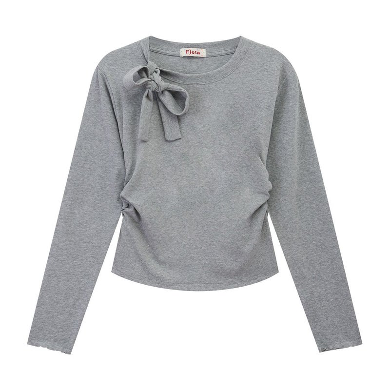 Strap Bow Ribbon Pink Long-Sleeved Distinctive T-Shirt Design Sweet Beauty Style Slim-Fit Egg-Ear Cuff Top - Image 1