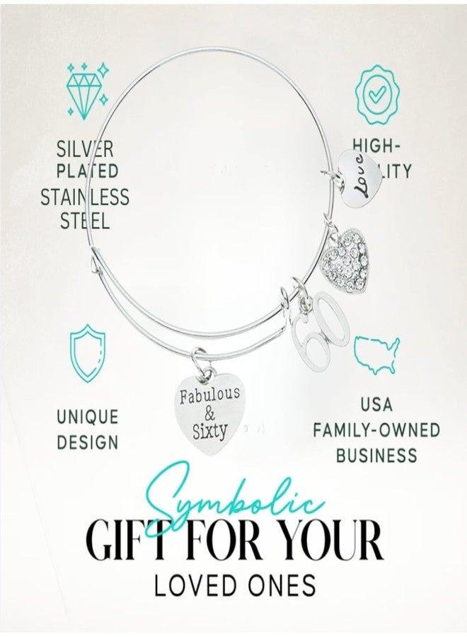 Infinity Collection 60th Birthday Charm Bracelet - Fabulous and Sixty Gift for Women - Silver-Plated Adjustable Bangle with Velvet Jewelry Pouch - Image 3