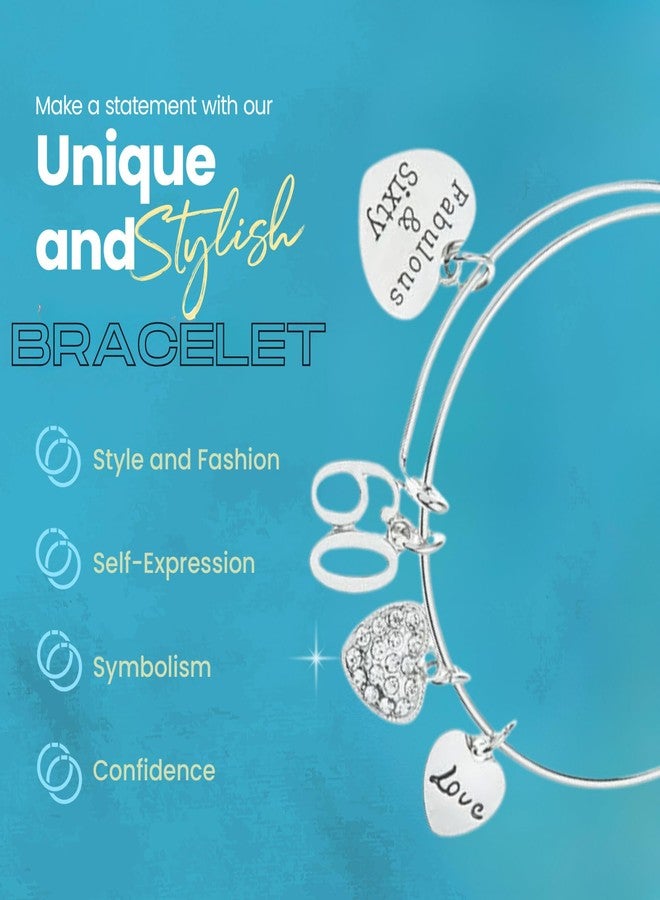 Infinity Collection 60th Birthday Charm Bracelet - Fabulous and Sixty Gift for Women - Silver-Plated Adjustable Bangle with Velvet Jewelry Pouch - Image 2