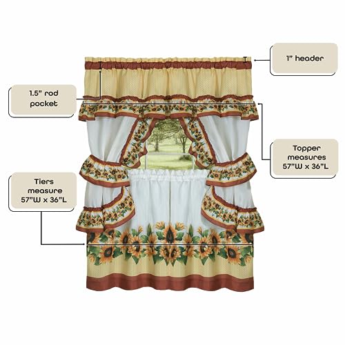 Achim Printed Cottage Window Curtain Set - 57 Inch Width, 36 Inch Length - Black Eyed Susan - Polyester Soft Window Treatment Include Valance, Attached Swaggers, Tiebacks & Two Tiers by Achim Home Decor - Image 5