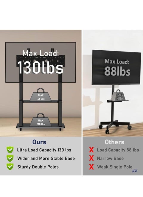 Mobile TV Stand, Rolling TV Stand, Mobile TV Cart with Wheels for 32-70 Inch TV, Portable TV Stand with Shelf, Height Adjustable, Holds up to 40KG, Ideal for Conference, Commercial & Home Use