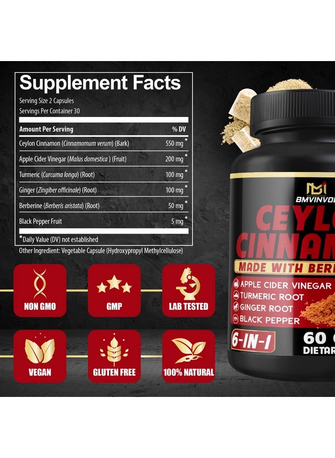 BMVINVOL Ceylon Cinnamon Capsules with Berberine HCl, Apple Cider Vinegar, Turmeric, Ginseng, Black Pepper - 6in1 for Support Immune Function - 60 Count - Image 2