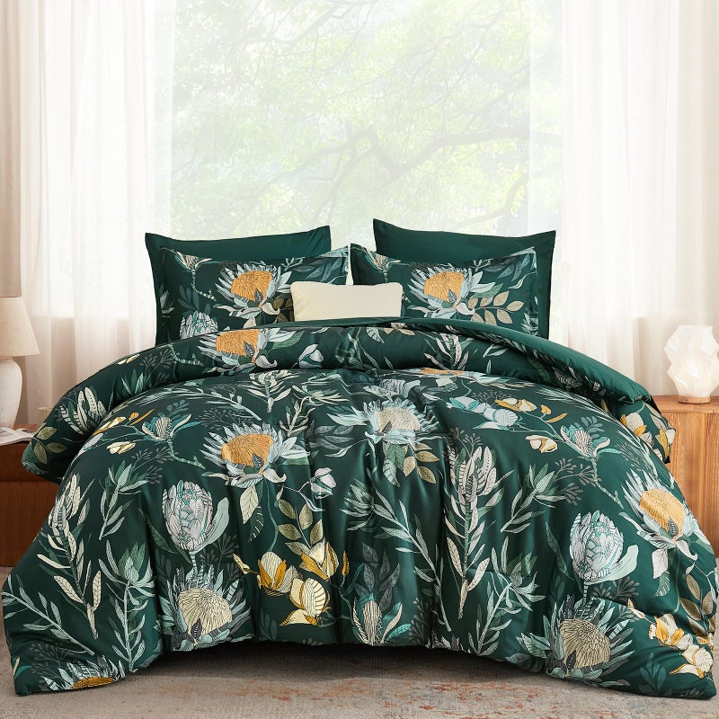 Luxudecor King Comforter Set 7 Pieces Bedding Sets, Dark Green Floral Comforter and Sheet Set, Soft Microfiber Bed in a Bag for All Seasons (Dark Green,104"x90") - Image 1