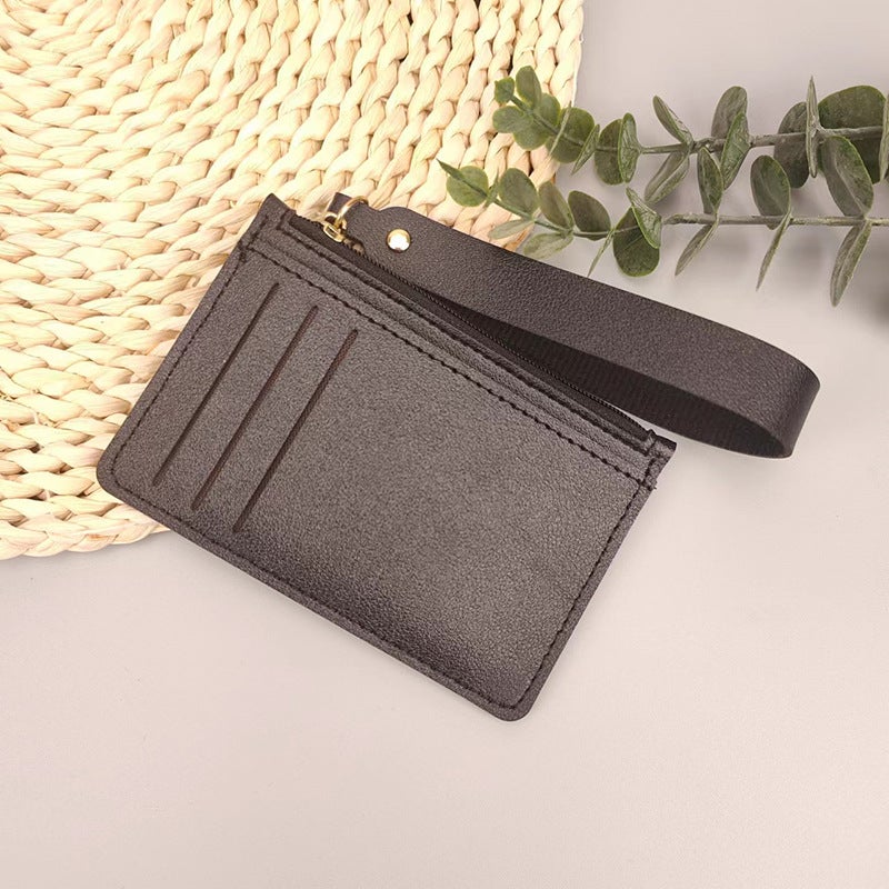 Ladies Slim Card Holder Wallet with Wrist Strap Zipper Short Style 019 Black
