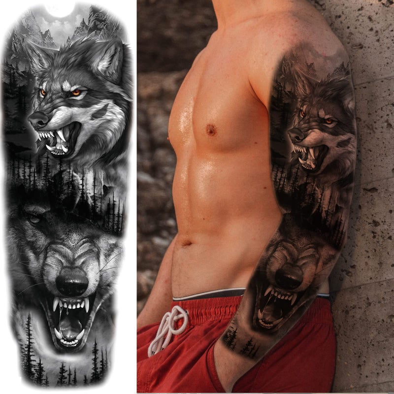 Briyhose Lion Wolf Temporary Tattoo Sleeve, Large Full Arm Animal Tribal Fake Tattoos Sleeve For Men Women Adult, Long Lasting Black Arm Temp Tatoo Sticker Leg Body Art Makeup, 4-Sheet - Image 3