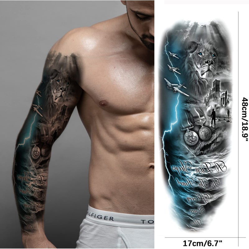 Briyhose Lion Wolf Temporary Tattoo Sleeve, Large Full Arm Animal Tribal Fake Tattoos Sleeve For Men Women Adult, Long Lasting Black Arm Temp Tatoo Sticker Leg Body Art Makeup, 4-Sheet - Image 5