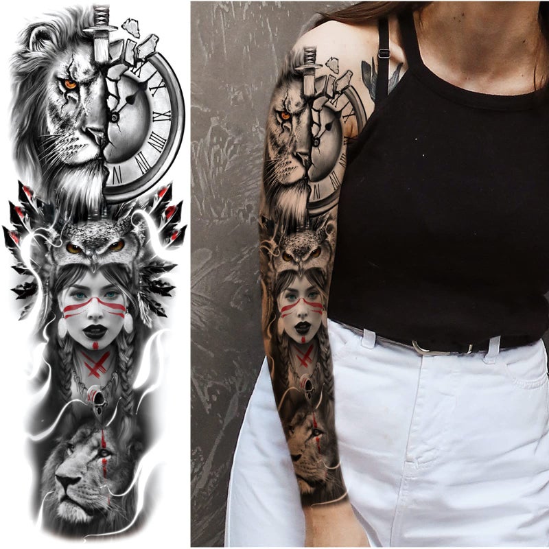 Briyhose Lion Wolf Temporary Tattoo Sleeve, Large Full Arm Animal Tribal Fake Tattoos Sleeve For Men Women Adult, Long Lasting Black Arm Temp Tatoo Sticker Leg Body Art Makeup, 4-Sheet - Image 4