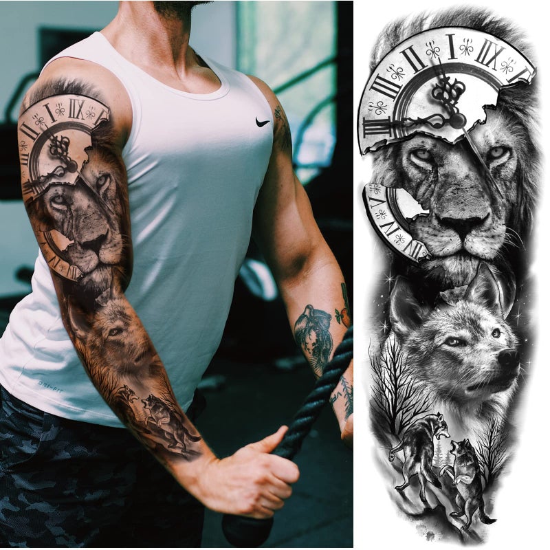 Briyhose Lion Wolf Temporary Tattoo Sleeve, Large Full Arm Animal Tribal Fake Tattoos Sleeve For Men Women Adult, Long Lasting Black Arm Temp Tatoo Sticker Leg Body Art Makeup, 4-Sheet - Image 2