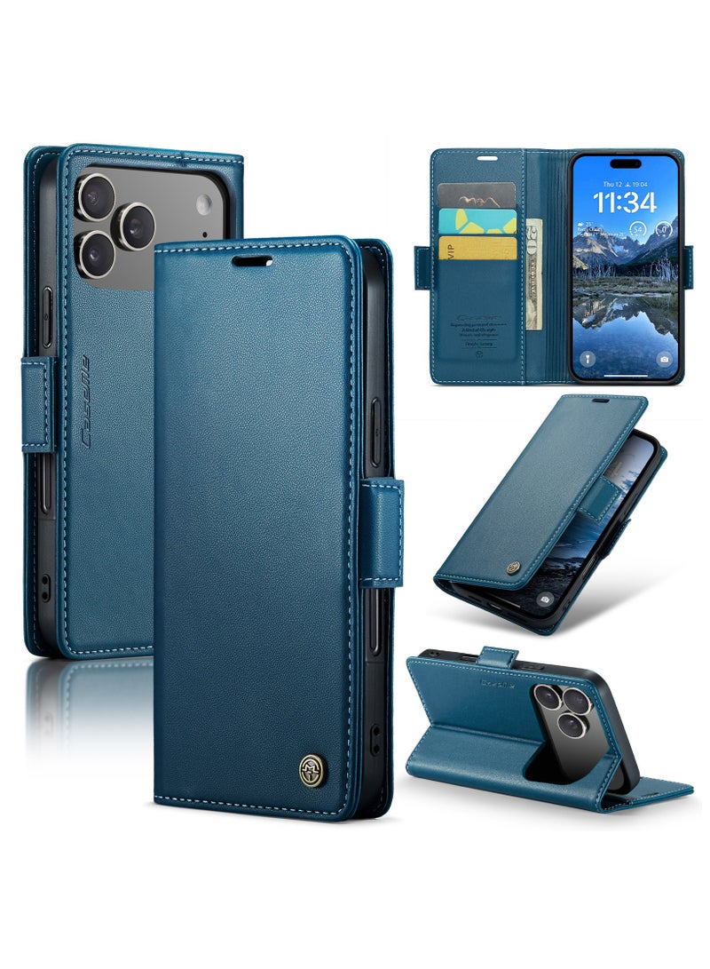 ICARLUS For iPhone 17 Pro Case Blocking Leather Wallet Stand Phone Cover - Blue - Image 1