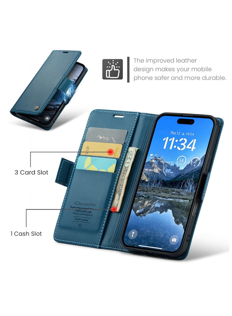 ICARLUS For iPhone 17 Pro Case Blocking Leather Wallet Stand Phone Cover - Blue - Image 2