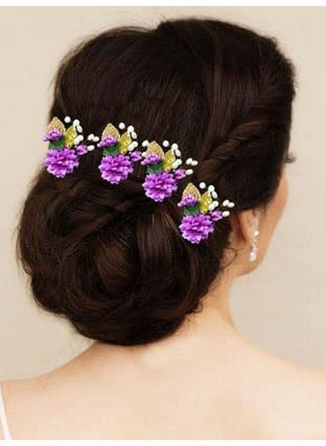 Hair Flare - Artificial Flower With Pearl Bridal Hair Pin/ Hair Clip/ Side Pin/Comb Pin/Hair Accessories/ Judapin For Women & Girls 2397Purple - Image 1