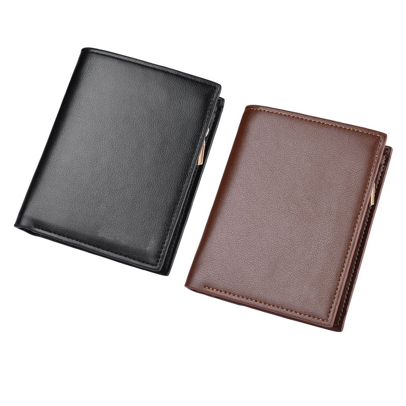 Men's Wallet PU Leather Billfold Fashionable Multiple Slot Purse Short Wallet with Zipper (Black) - Image 1