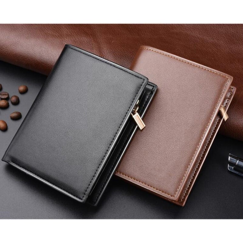 Men's Wallet PU Leather Billfold Fashionable Multiple Slot Purse Short Wallet with Zipper (Black) - Image 4