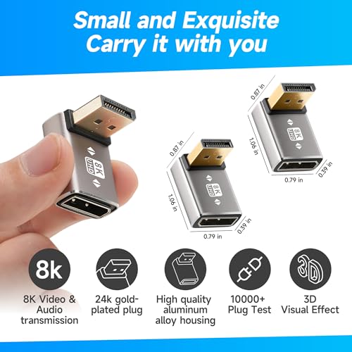 Togconn 8K 90 Degree DisplayPort 1.4 Adapter 2-Pack, (Up and Down) Right Angle DP Male to Female Display Port L-Shaped Connector Extender Support 8K@60Hz,4K@144Hz for Wall TV, Monitor, Laptop and PC - Image 3