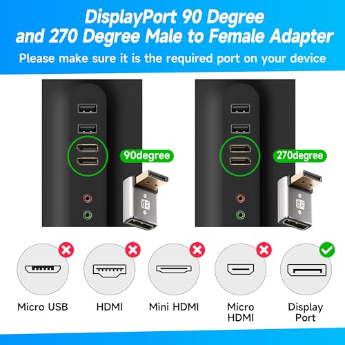 Togconn 8K 90 Degree DisplayPort 1.4 Adapter 2-Pack, (Up and Down) Right Angle DP Male to Female Display Port L-Shaped Connector Extender Support 8K@60Hz,4K@144Hz for Wall TV, Monitor, Laptop and PC - Image 2