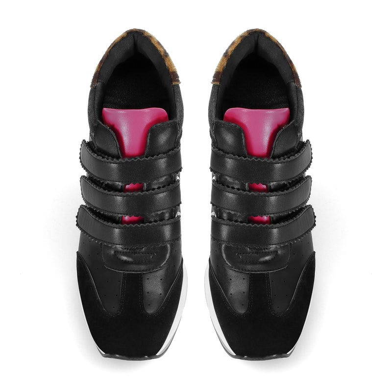 Wnshonzy Sneaker Heels for Women High Heel Black Suede Leather Tennis Shoes Sport Dressy Round T-Toe Comfort Stiletto Style Fashion Hook&Loop Vintage Platform Y2k - Image 5