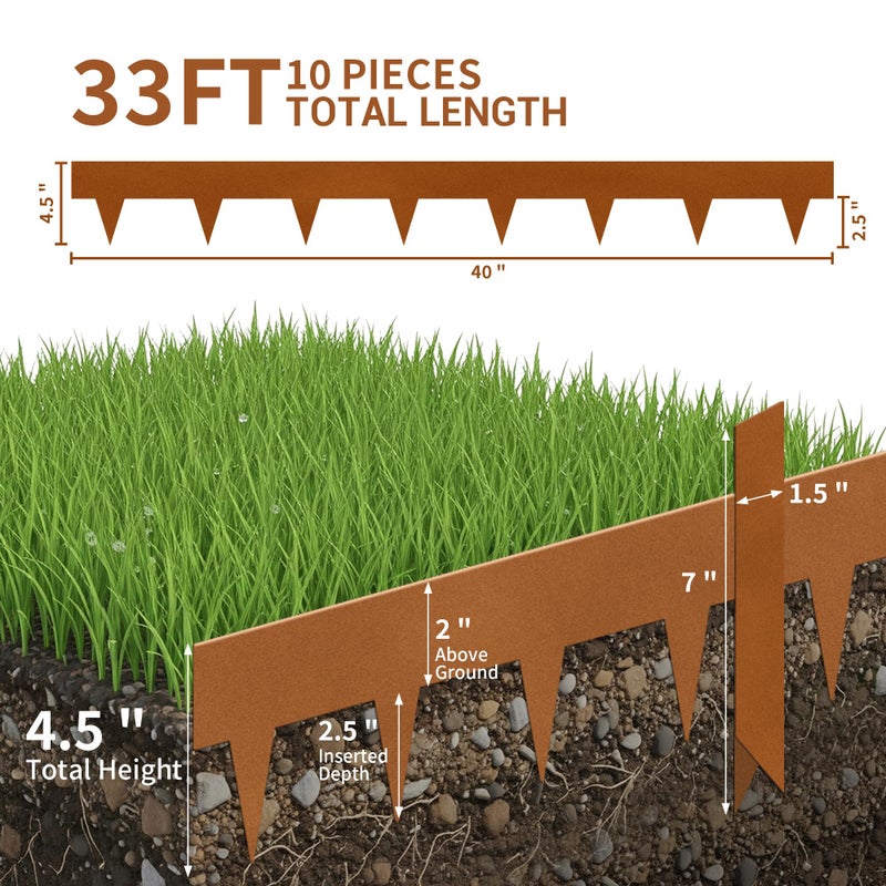 Worth Garden 33ft. Galvanized Steel Landscape Edging - 10-Pack 40" Metal Edging for Landscaping with 11 Stakes, Rust-Colored Powder Coating Hammer-in 4.5" Height Lawn Edging for Yard Pathway Divider - Image 3