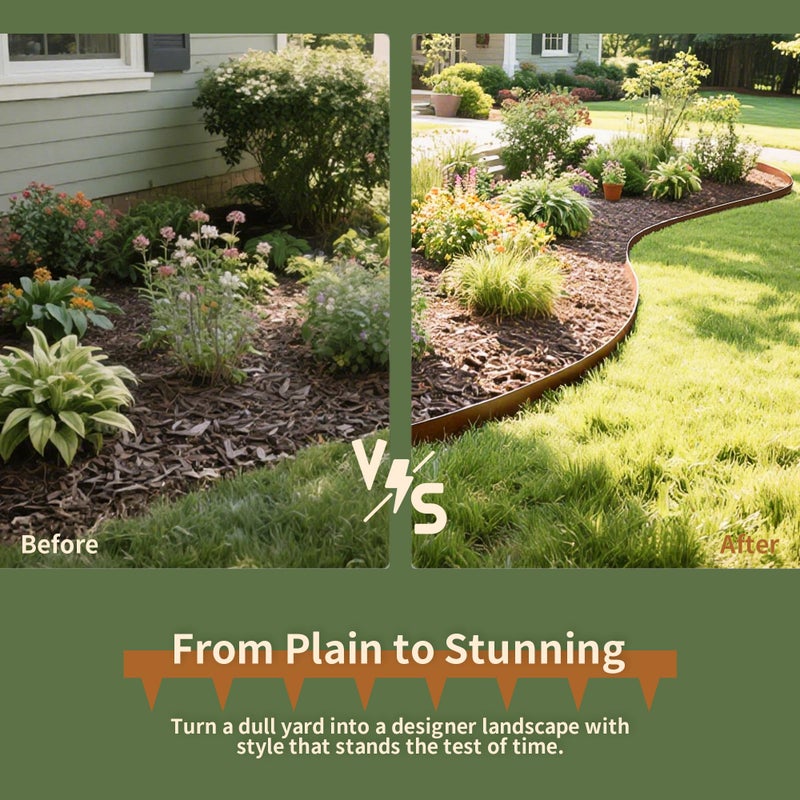 Worth Garden 33ft. Galvanized Steel Landscape Edging - 10-Pack 40" Metal Edging for Landscaping with 11 Stakes, Rust-Colored Powder Coating Hammer-in 4.5" Height Lawn Edging for Yard Pathway Divider - Image 4