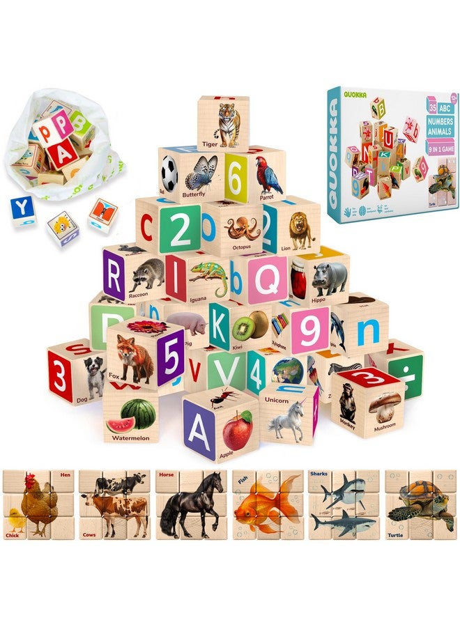 QUOKKA Montessori Wooden Blocks for Toddlers 1-3 - 35 Realistic ABC Learning Baby Blocks for Kids 3-5 Year Olds - Stacking Alphabet Wood Toys for 2-4 yo - Learn Letters Numbers - Image 1