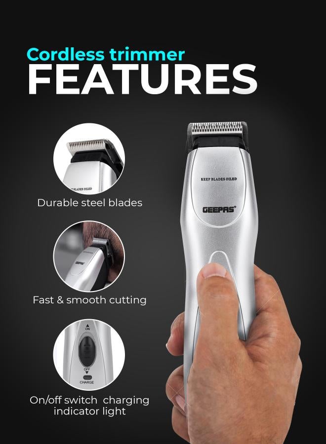 GEEPAS Rechargeable Hair Trimmer with High-Capacity Battery and 60 Minutes Use| Chromium Steel Blade, Perfect for Home and Saloon Styling, for Men| 5 Position Attachment Comb, Cleaning Brush, Lubrication Oil | 2 Years Warranty, GTR34H Black/Silver 350grams - Image 3