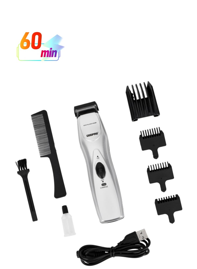 GEEPAS Rechargeable Hair Trimmer with High-Capacity Battery and 60 Minutes Use| Chromium Steel Blade, Perfect for Home and Saloon Styling, for Men| 5 Position Attachment Comb, Cleaning Brush, Lubrication Oil | 2 Years Warranty, GTR34H Black/Silver 350grams - Image 1