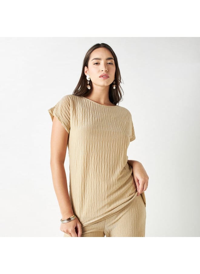 Iconic Iconic Textured Round Neck Top with Extended Sleeves  - Image 1