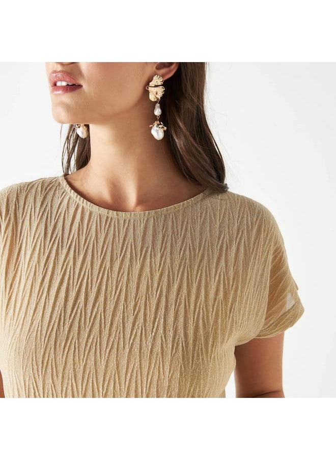 Iconic Iconic Textured Round Neck Top with Extended Sleeves  - Image 4