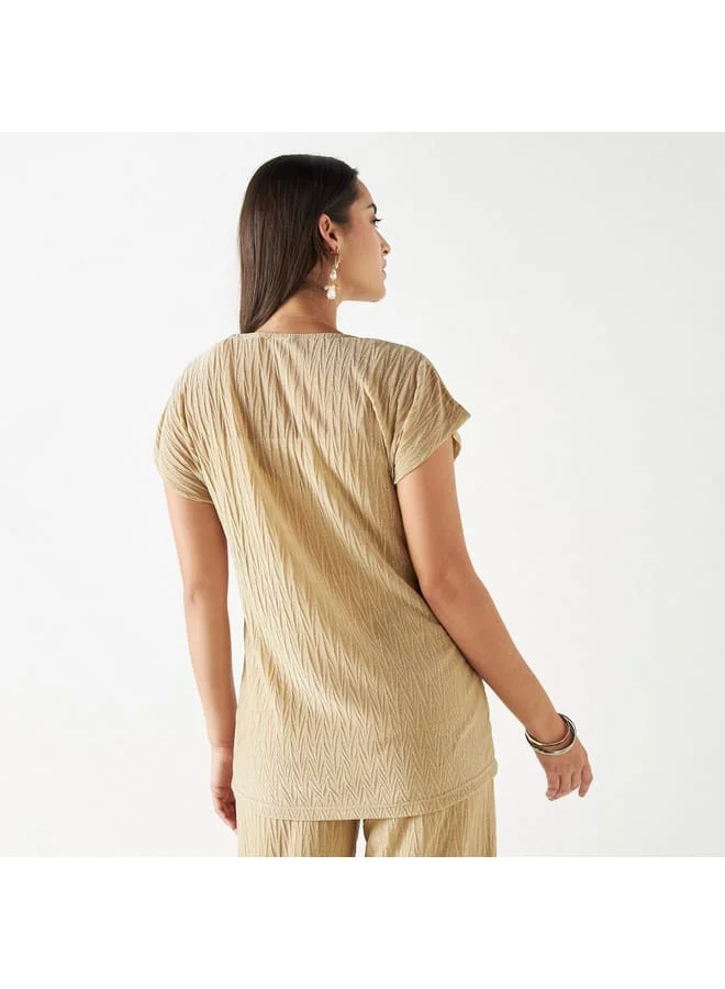Iconic Iconic Textured Round Neck Top with Extended Sleeves
