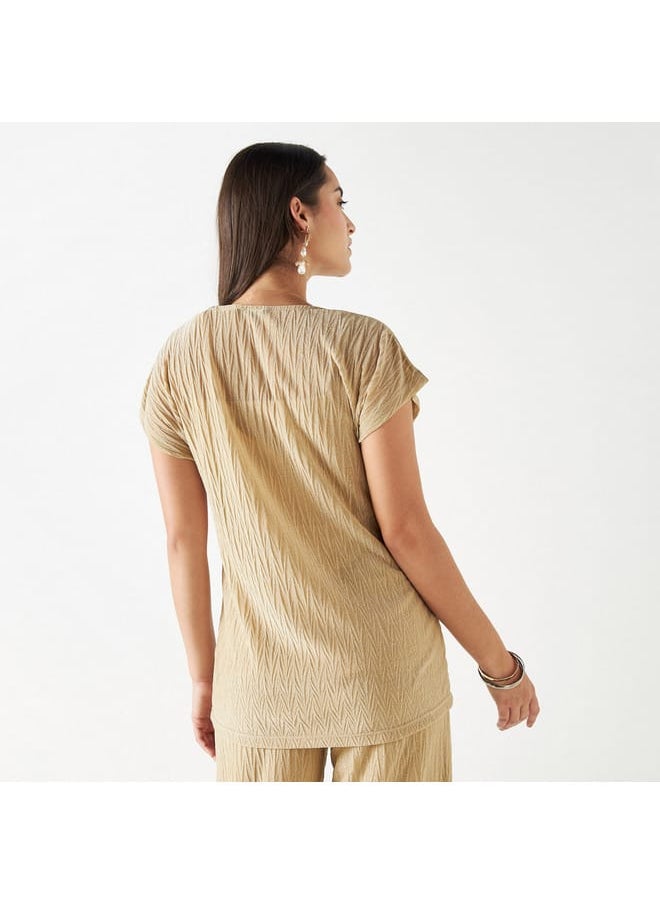 Iconic Iconic Textured Round Neck Top with Extended Sleeves  - Image 3