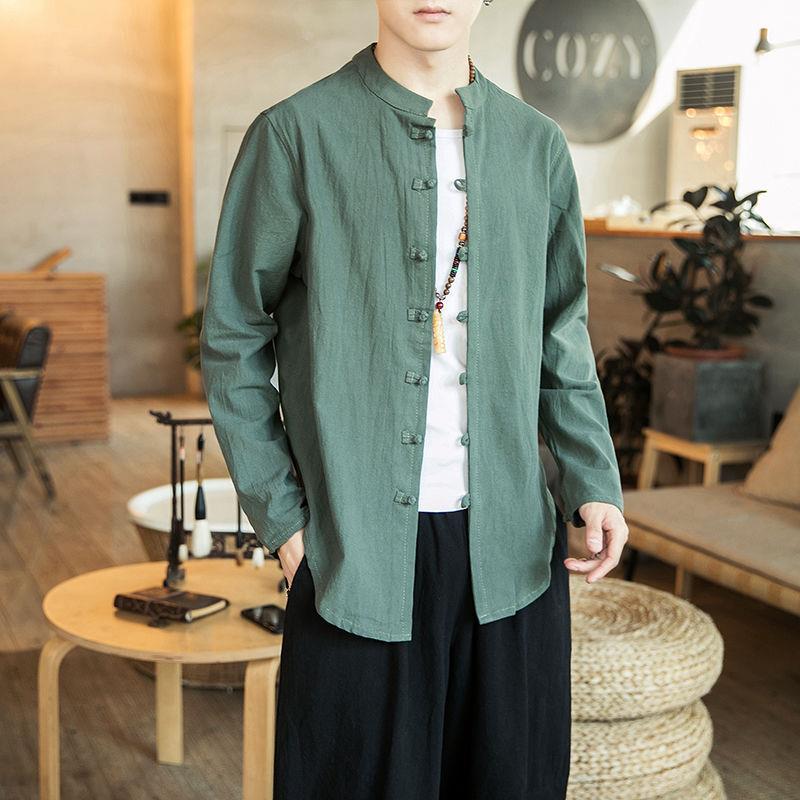 Autumn Mens Clothing Retro Style Chinese Style Cotton and Linen Chinese Style Hanfu Tang Coat Cardigan Loose Casual Long-sleeved Shirt Army Green 