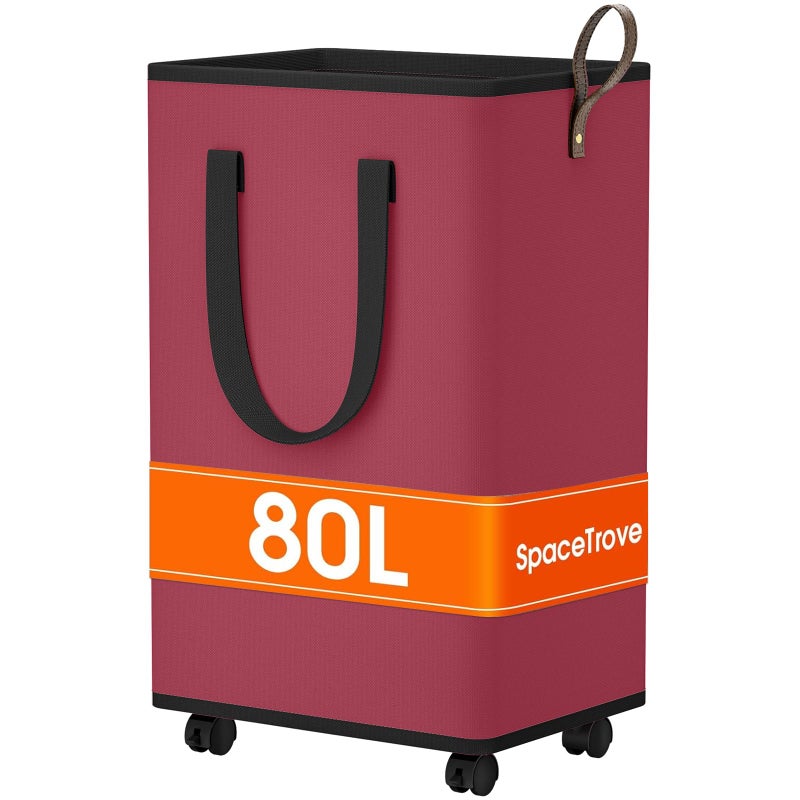 SpaceTrove Laundry Basket with Wheels, Collapsible Laundry Baskets, Laundry Hamper with Handles Detachable Wheels, Rolling Laundry Basket, Dirty Clothes Hamper for Bathroom, Dorm, Bedroom, Red, 80L - Image 1