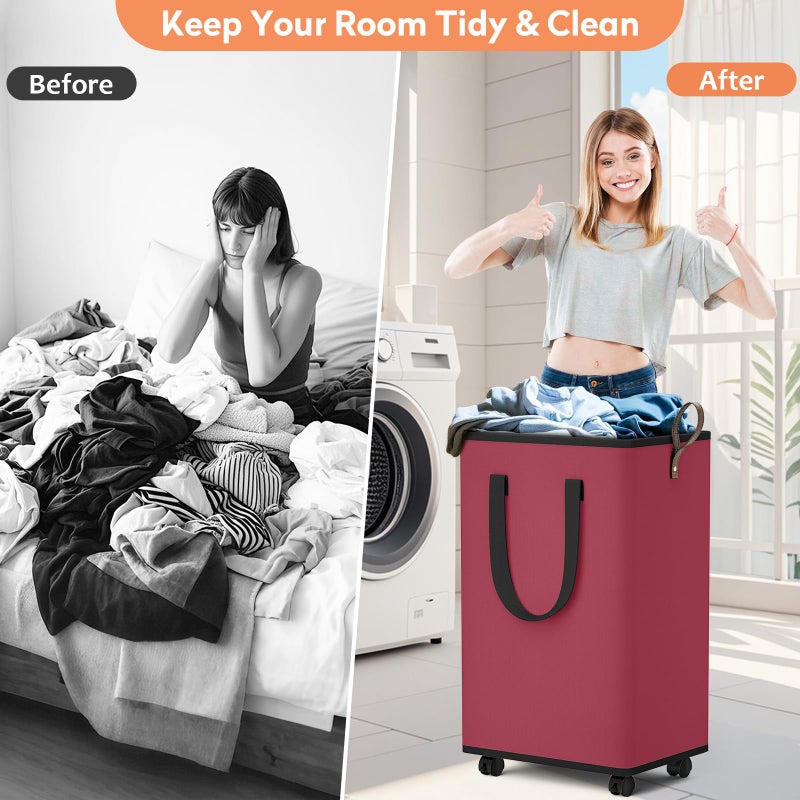 SpaceTrove Laundry Basket with Wheels, Collapsible Laundry Baskets, Laundry Hamper with Handles Detachable Wheels, Rolling Laundry Basket, Dirty Clothes Hamper for Bathroom, Dorm, Bedroom, Red, 80L - Image 5